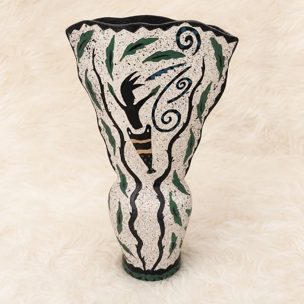 Studio Art Pottery Vase Signed Hand Painted Abstract Figural Speckled 14in Large